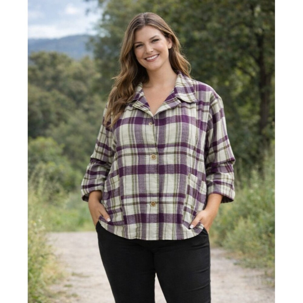 Blouse Shacket Womens Large Purple Plaid Linen Boxy Preppy Funky On Blue